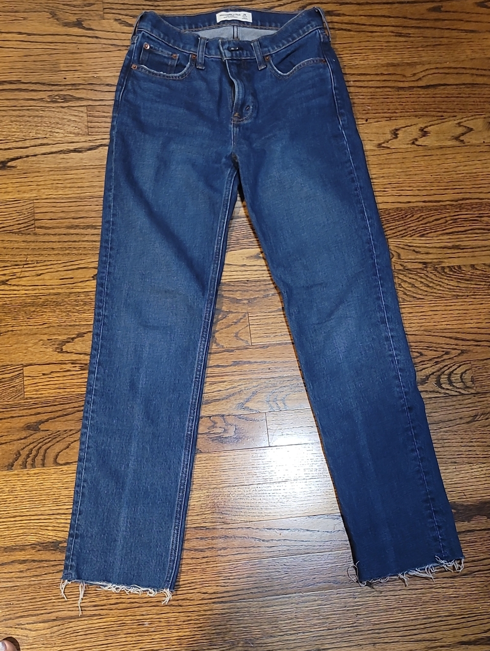 Abercrombie & Fitch Dark Blue Straight-Leg Jeans Frayed Hem